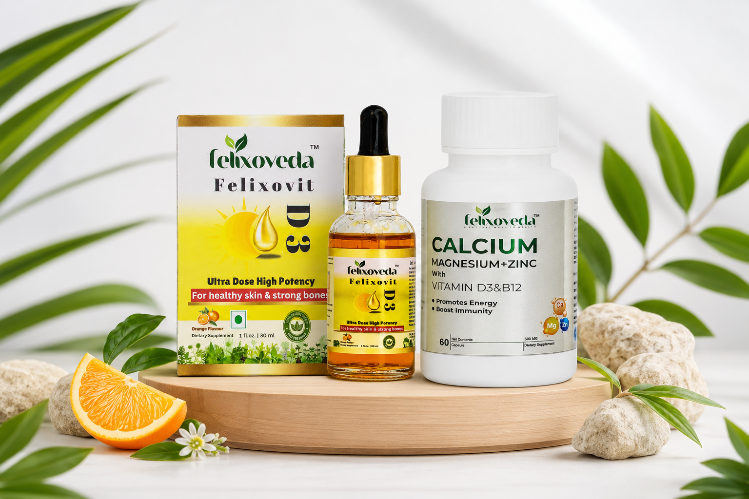 Felixoveda Bone and Immunity Duo - Felixovit D3 Ultra High Potency Drops 30 ML + Calcium Magnesium Zinc with D3 and B12 60 Capsules | Complete Bone Health Combo